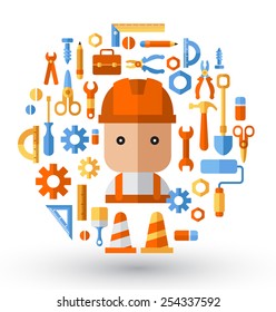 Builder and working tools :Flat Illustration