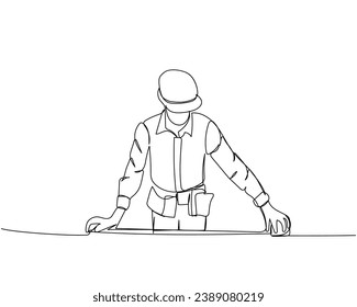 Builder in working uniform and hard hat measures material with tape measure, protective overalls, safety one line art. Continuous line drawing of repair, hand, people, concept, support, maintenance.