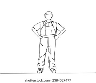 Builder in working uniform, protective overalls, hard hat, safety one line art. Continuous line drawing of repair, professional, hand, people, concept, support, maintenance.