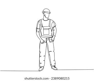 Builder in working uniform, protective overalls, hard hat, safety one line art. Continuous line drawing of repair, professional, hand, people, concept, support, maintenance.