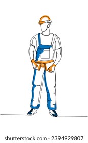 Constructor en uniforme de trabajo, overoles protectores, sombrero duro, color de seguridad de una línea de arte. Dibujo continuo de línea de reparación, profesional, personal, soporte. Ilustración vectorial dibujada por mano
