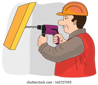 The builder works with a drill. Vector illustration