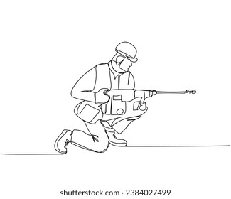 Builder works with a drill in a work uniform, protective overalls, hard hat one line art. Continuous line drawing of repair, professional, hand, people, concept, support, maintenance.