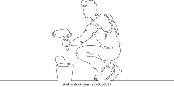 A builder works with tools. Man in work clothes.Handyman. Wrench. Repair. One continuous line drawing. Linear. Hand drawn, white background. One line.