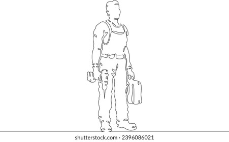 Un constructor trabaja con herramientas. Hombre con ropa de trabajo. Llave. Reparación. Un dibujo de línea continua. Lineal. Fondo blanco dibujado a mano. Una línea.