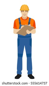 Builder writes on the clipboard closeup. Full length portrait of builder in a flat style. Vector illustration.