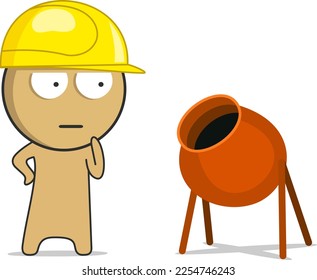 Builder in a yellow hard hat next to a concrete mixer
