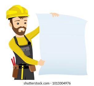 Builder in yellow helmet on white background.