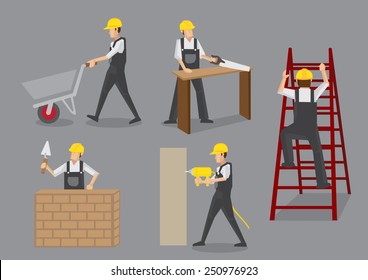 Builder in yellow helmet and overall work clothes working with manual tools and equipment at construction site. Vector cartoon characters isolated on grey background