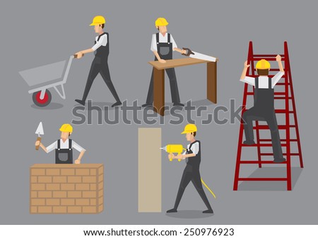 Builder in yellow helmet and overall work clothes working with manual tools and equipment at construction site. Vector cartoon characters isolated on grey background