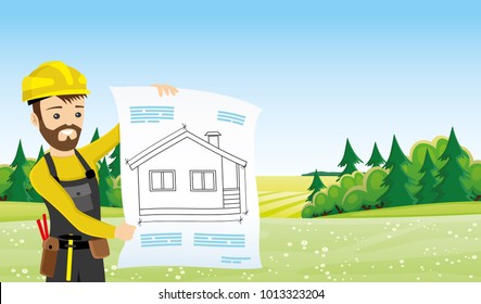 Builder in a yellow helmet with a project of a house in hands.