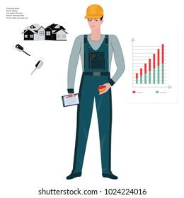 Builder - a young man in a working overall and a helmet - new houses, company details - production schedule - art illustration vector