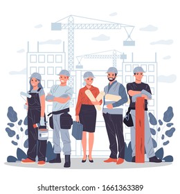 Builders, architect, engineer, foreman standing together. Positive professional team in hardhats with blueprints and tools working on construction site. Building works, job concept
