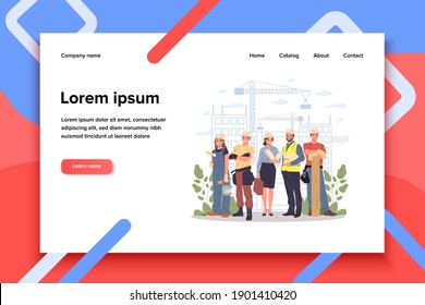 Builders, architect, engineer, foreman standing together. Positive professional team in hardhats with blueprints and tools working on construction site. Building works, job concept