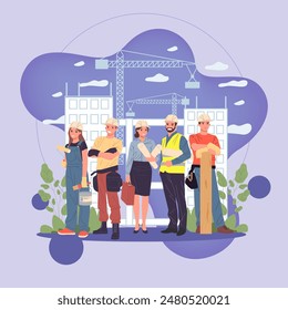 Builders, architect, engineer, foreman standing together vector illustration. Positive professional team in hardhats with blueprints and tools working on construction site. Building works, job concept