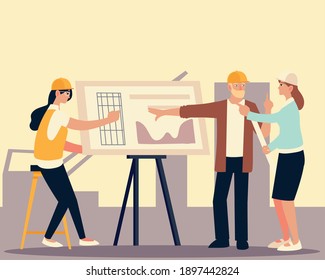 builders and architects, builder man and women with blueprint working vector illustration