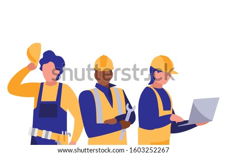 Builders architects and engineers men design of Construction working maintenance worker job workshop repairing and progress theme Vector illustration