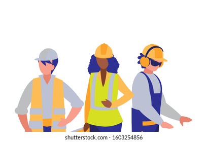 Builders architects engineers men and woman design of Construction working maintenance worker job workshop repairing and progress theme Vector illustration