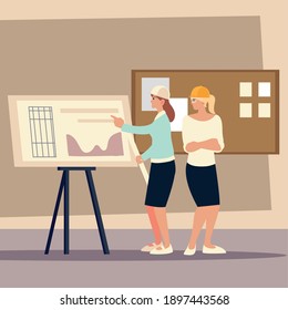 builders and architects, female workers construction business planning vector illustration