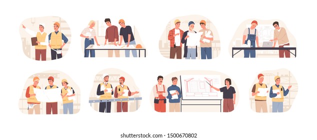 Builders and architects flat vector illustrations set. Architectural project planning, development and approval. Building industry concept. Professional contractors and engineers cartoon characters.
