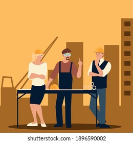 builders and architects, group planning project team meeting presentation vector illustration