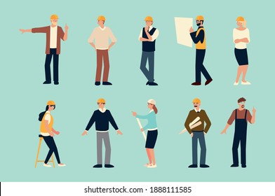 builders and architects set, men and women architect professional characters vector illustration