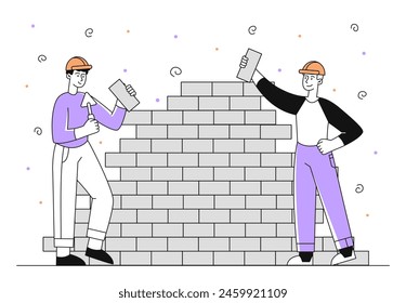 Builders with bricks simple. Two men in protective hats and uniform. Construction and building, architecture. Contractors at workplace. Doodle flat vector illustration isolated on white background