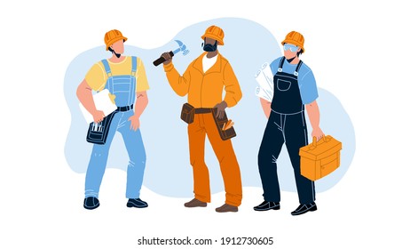 Builders With Building Equipment And Plan Vector. Builders Men Wearing Uniform And Protection Hat Holding Tool Box And Build Documentation Draft. Characters Foremen Flat Cartoon Illustration