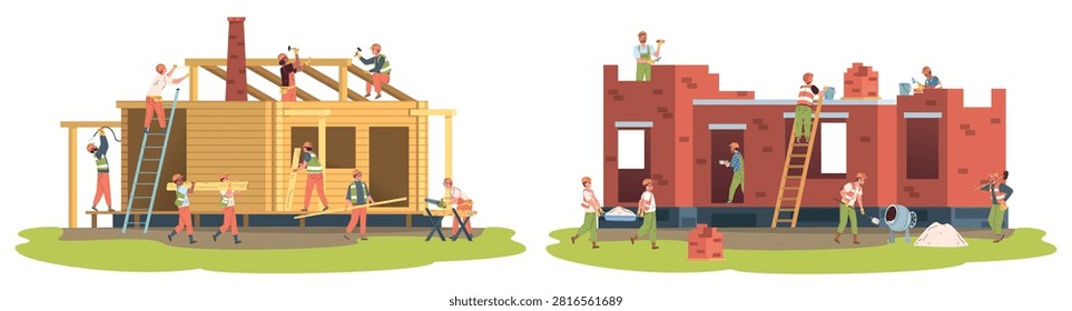 Builders building home. Worker construction site, house brick wood ladder helmet frame power tool equipment team builder people roof window flat set, classy vector illustration