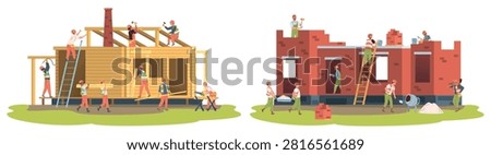 Builders building home. Worker construction site, house brick wood ladder helmet frame power tool equipment team builder people roof window flat set, classy vector illustration
