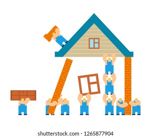 Builders building house. cartoon style. Workers and home. Walling and roof construction. Fastening Windows and doors
