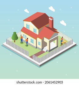 Editores construyendo casa. Carpinteros de trabajadores de la construcción. Ilustración de constructores profesionales planos