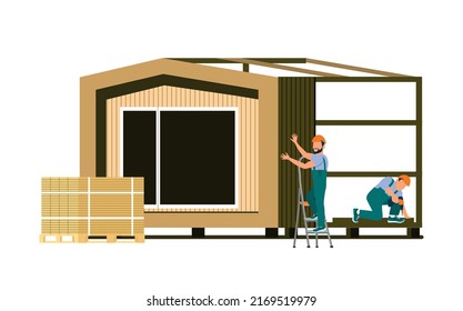 Builders building a modern compact house. Vector illustration.