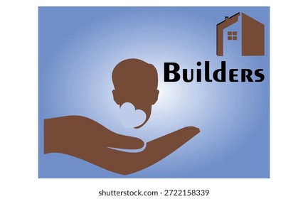 Construtores Cuidam do Design de logotipo com a mão Cabeça humana e Ícone da casa que representa confiança e construção