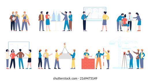 Builders characters. Workers and builder, technician architecture working. Cartoon people construction and discuss projects, architects recent vector set