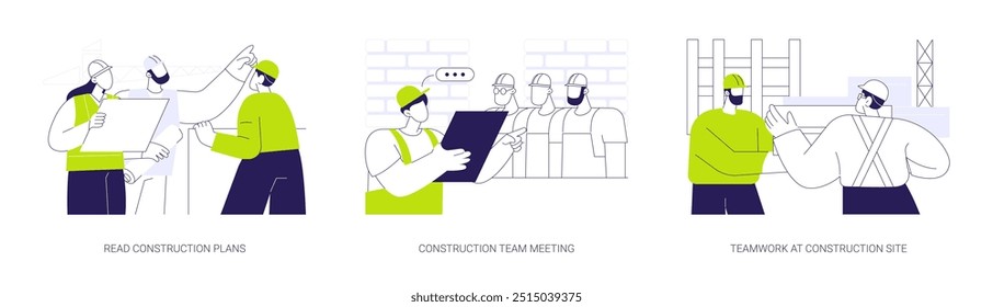 Construtores comunicação conceito abstrato vetor ilustração conjunto. Leia os planos de construção, reunião da equipe de construção, trabalho em equipe no local de construção, metáfora abstrata de rotina diária do construtor.