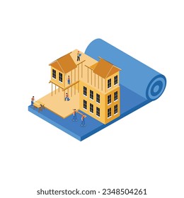 Constructores construyendo el concepto de vectores isométricos 3d de vivienda residencial para banner, sitio web, ilustración, página de aterrizaje, etc