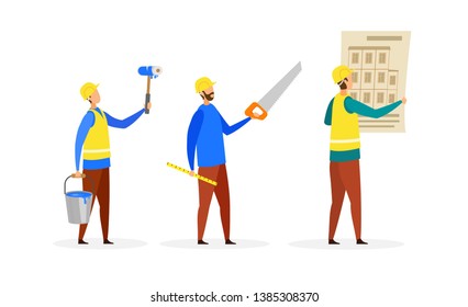 Builders, Construction Crew Cartoon Characters Set. Painter Profession, Man Holding Bucket, Paint Roller. Repairman in Hard hat with Saw and Ruler. Handyman Checking Blueprint. Repair Work Business