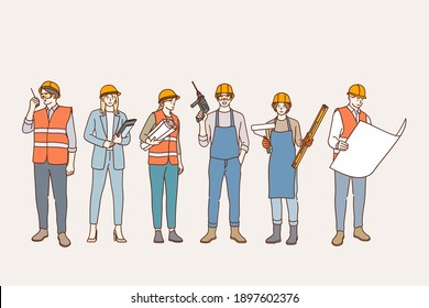 Builders And Construction Industry Concept. Young People Cartoon Characters Working In Construction In Helmets And Workwear Standing With Tools And Documents Vector Illustration 