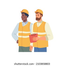 Builders or construction industry workers in yellow helmets and protective vests, folder tablet in hands flat cartoon vector illustration. Vector young people in workwear standing with documents