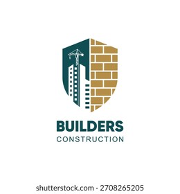 Construtores Logotipo de Construção - Escudo, Guindaste e Tijolo Símbolo