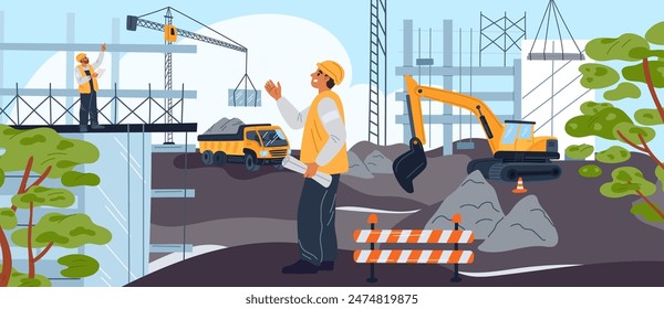 Builders at construction site. Machinery digs pit. City buildings. Unfinished houses. Workers in helmets and uniforms manage build process. Housing development. Garish