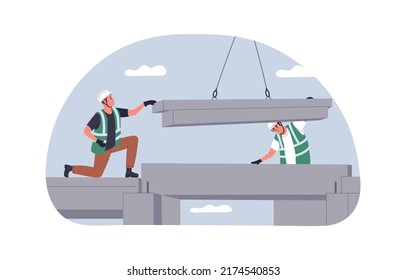 Builders at construction site. Work at height with concrete blocks. Workers building city structure. Professional constructors, working process. Flat vector illustration isolated on white background