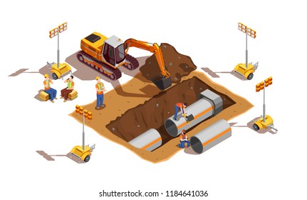 Builders with construction vehicle and lighting equipment during laying of pipes isometric composition vector illustration