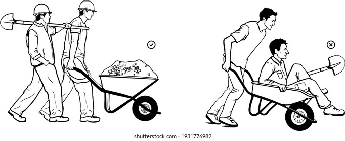 builders with a construction wheelbarrow, correct and Incorrect Use