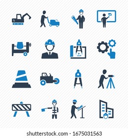 Builders and Construction Worker icons set Blue Series
