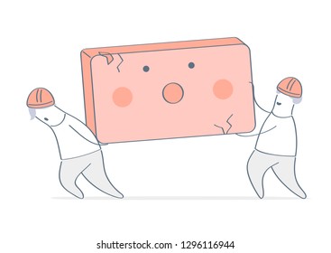Builders, construction workers carrying the brick, transportation of building materials. Construction, architecture, brickwork, hard work and development block by block. Outline isolated vector