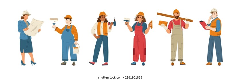 Constructores y trabajadores de la construcción en cascos. Dibujo plano vectorial de diversas personas que trabajan en la industria de la construcción, arquitectos, pintores, ingenieros y reparadores