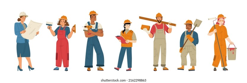 Builders and construction workers in helmets. Vector flat illustration of diverse people working in building industry, men and women architect, painter, engineers and repairman