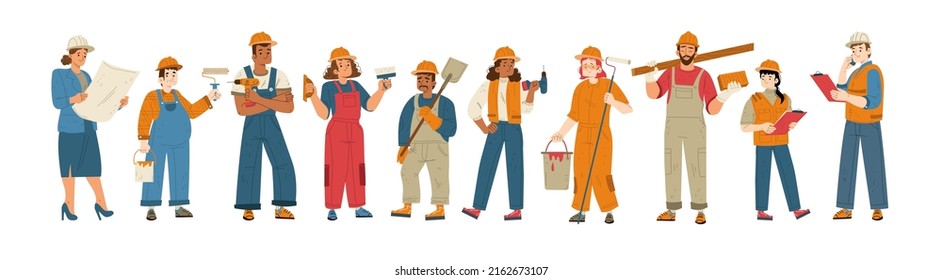 Builders and construction workers in helmets. Vector flat illustration of diverse people working in building industry, men and women architect, painter, engineers and repairman